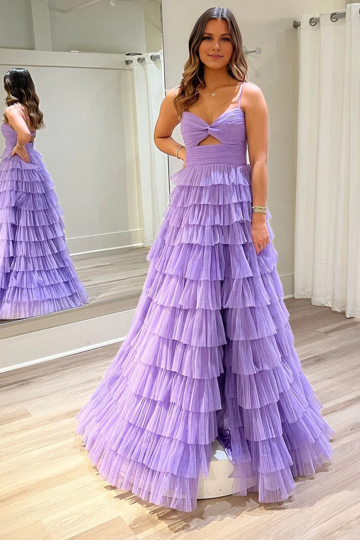 OKBBN A-line lock hole ruffle edge layered chiffon long dance dress