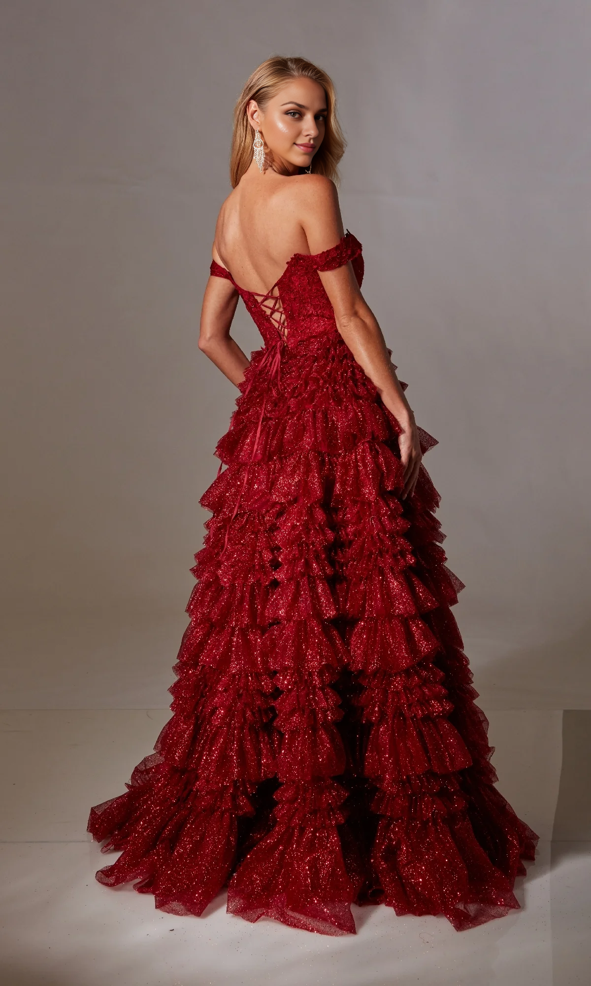 OKBBN deep V-neck lace up long A-line sequin ruffled party dress