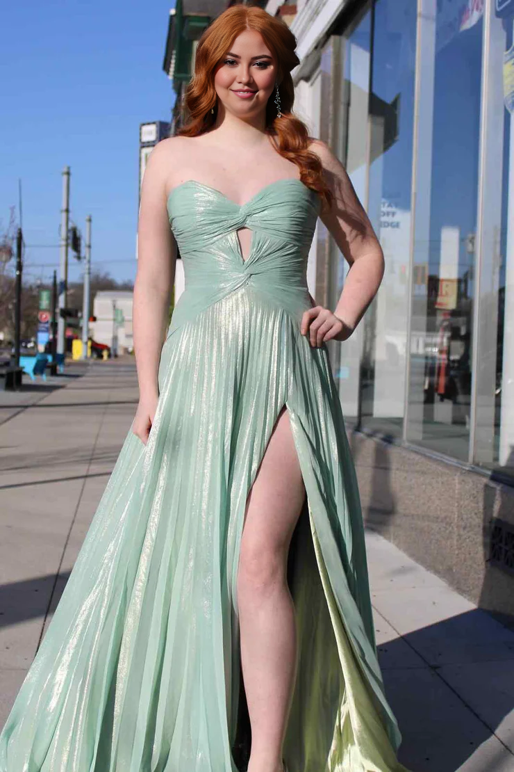 OKBBN charming A-line sweetheart pleated satin slit long ball dress