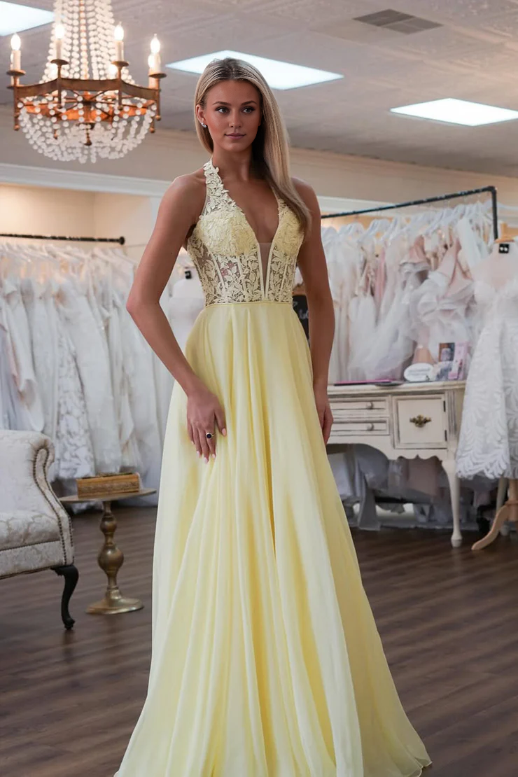 OKBBN Cute A-line V-neck Chiffon Long Ball Dress