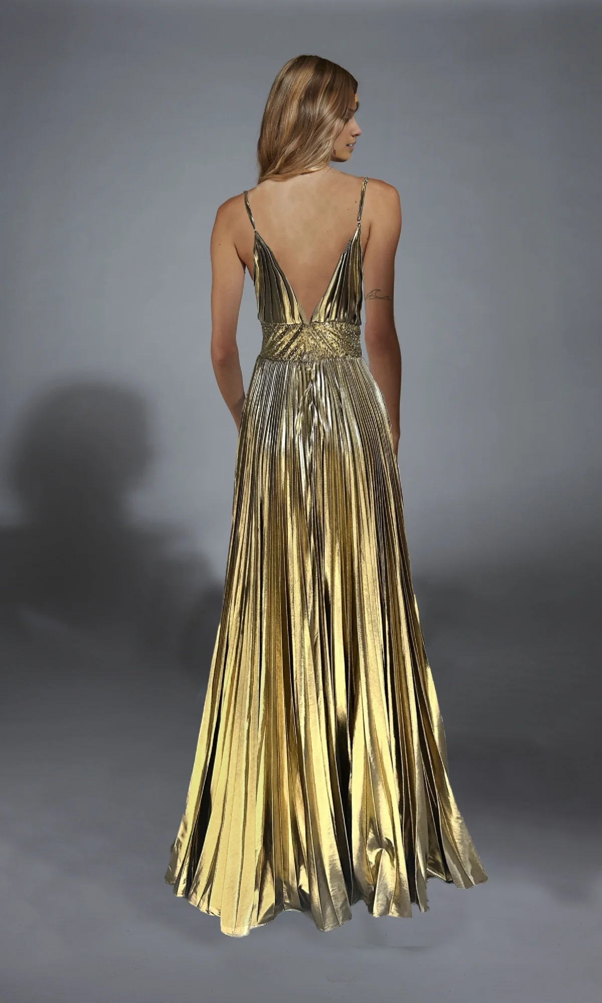 OKBBN long V-neck pleated A-line ball gown