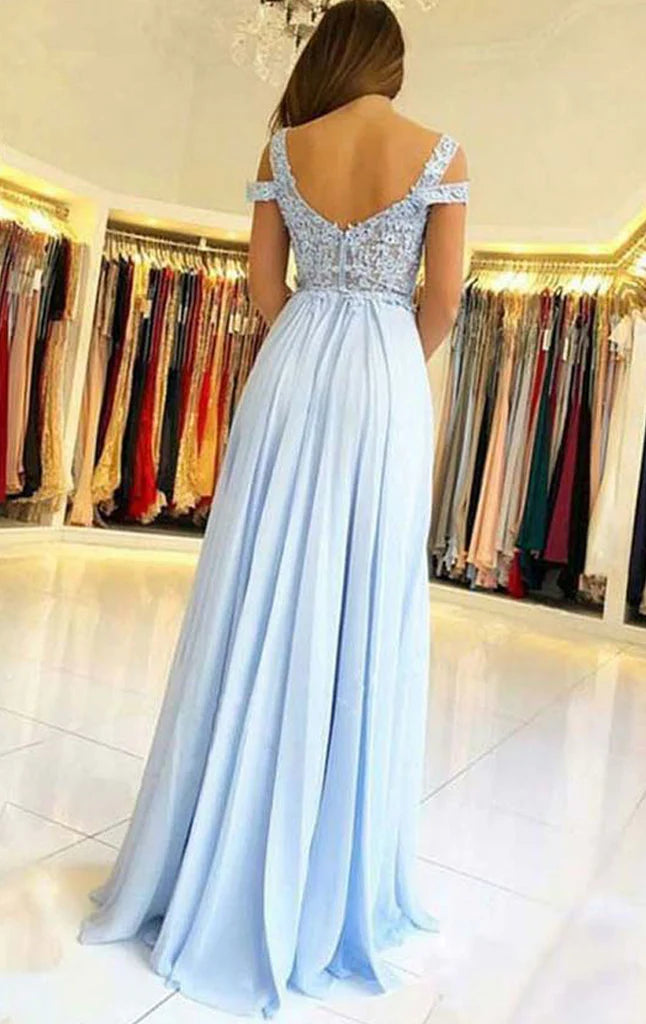OKBBN Off Shoulder Lace Chiffon Long Formal Ball Dress