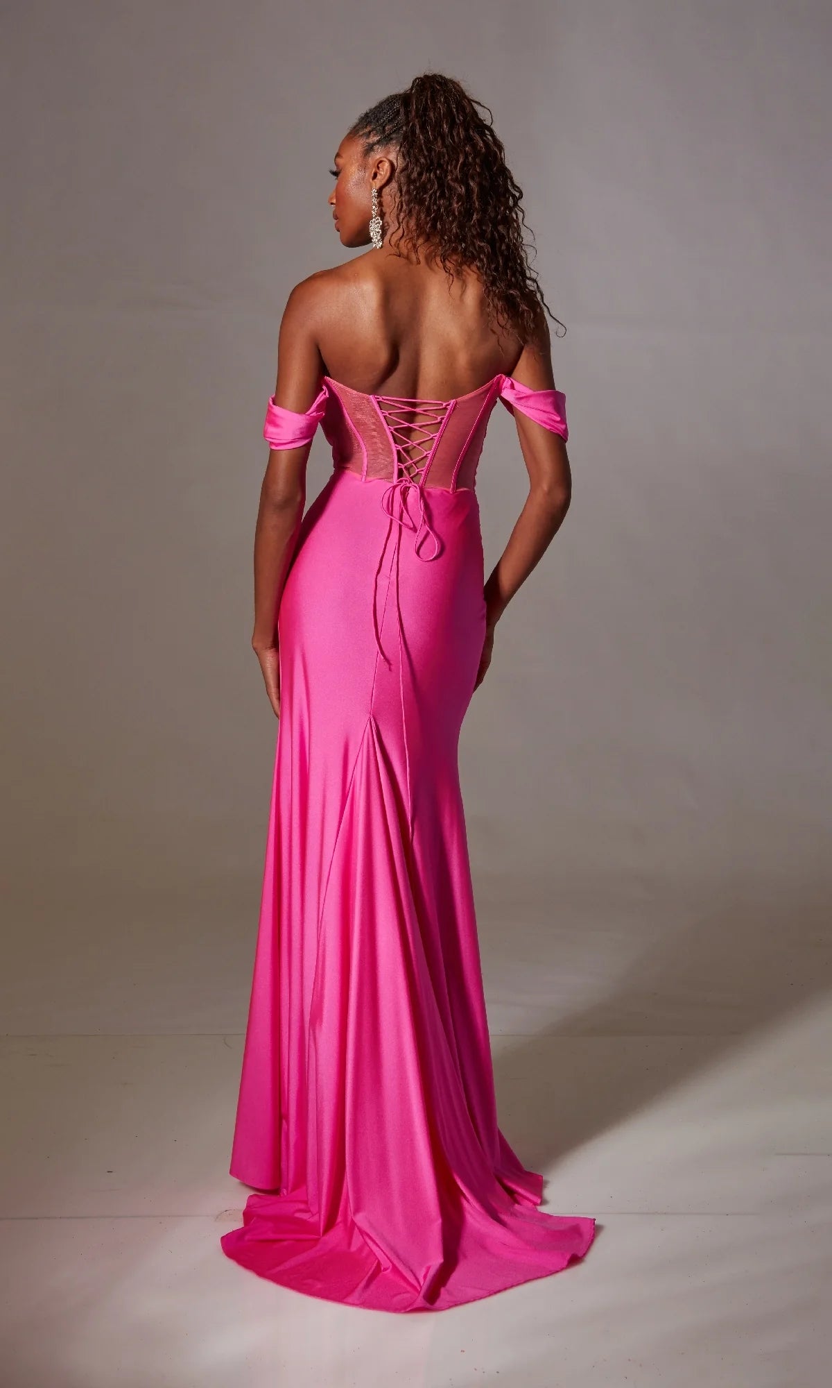 OKBBN off shoulder long slit cuff hanging ball gown