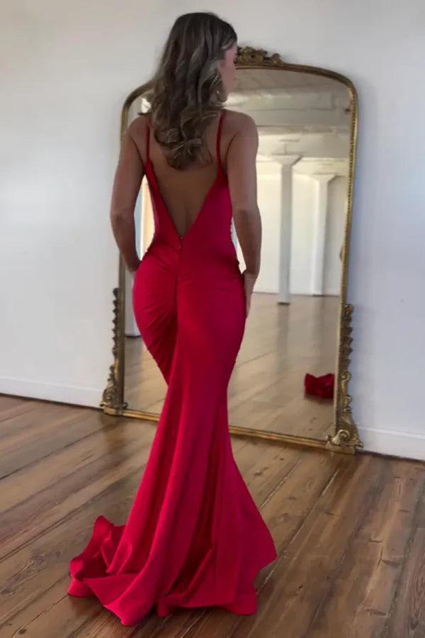 OKBBN minimalist mermaid off shoulder sleeveless V-shaped back pleated trailing and ballroom gown