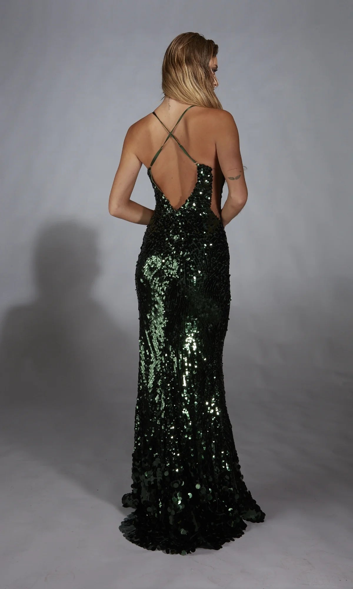 OKBBN Deep V Tight Long Glitter Ball Dress