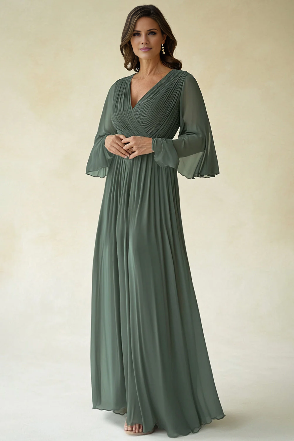 OKBBN Chiffon Folded Trumpet Sleeves V-neck Bridal Mother Dress