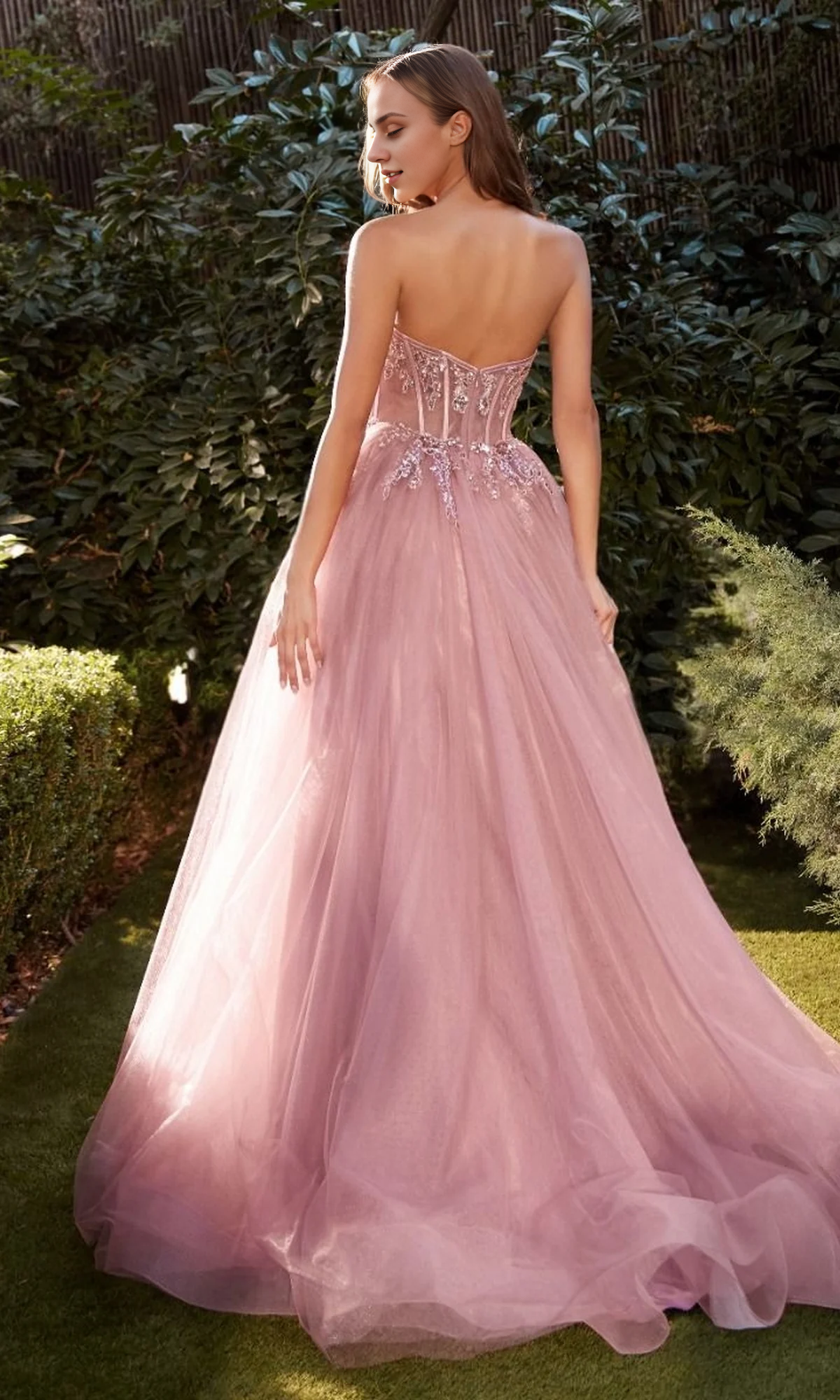 OKBBN strapless long applique backless ball gown