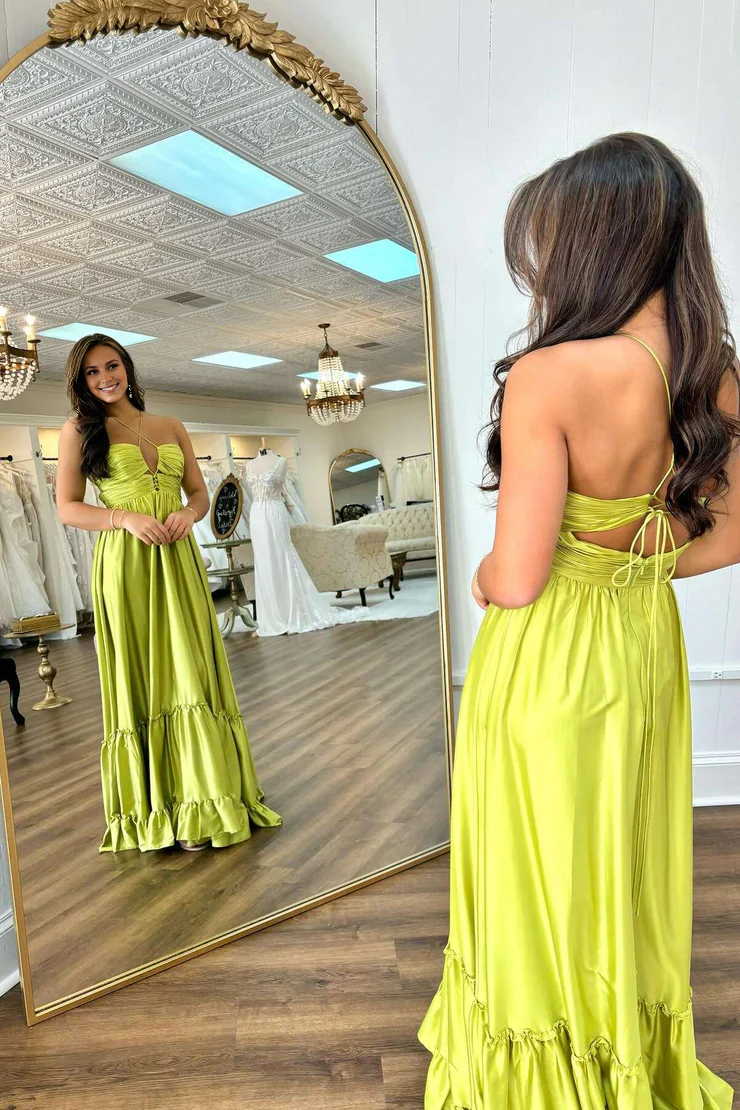 OKBBN Cute A-line Cross Strap Ruffle Satin Long Ball Dress