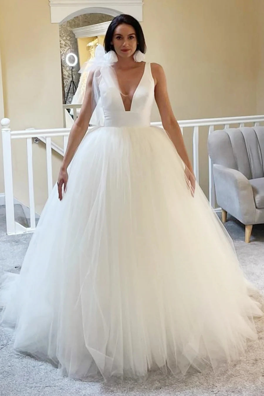 Tulle Plunge V Open Back Ball Gown with Bow