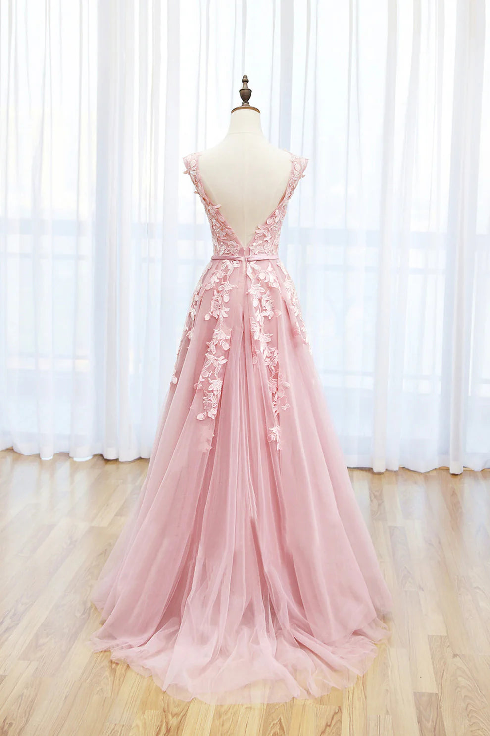 OKBBN chiffon lace long cute A-line backless dance dress