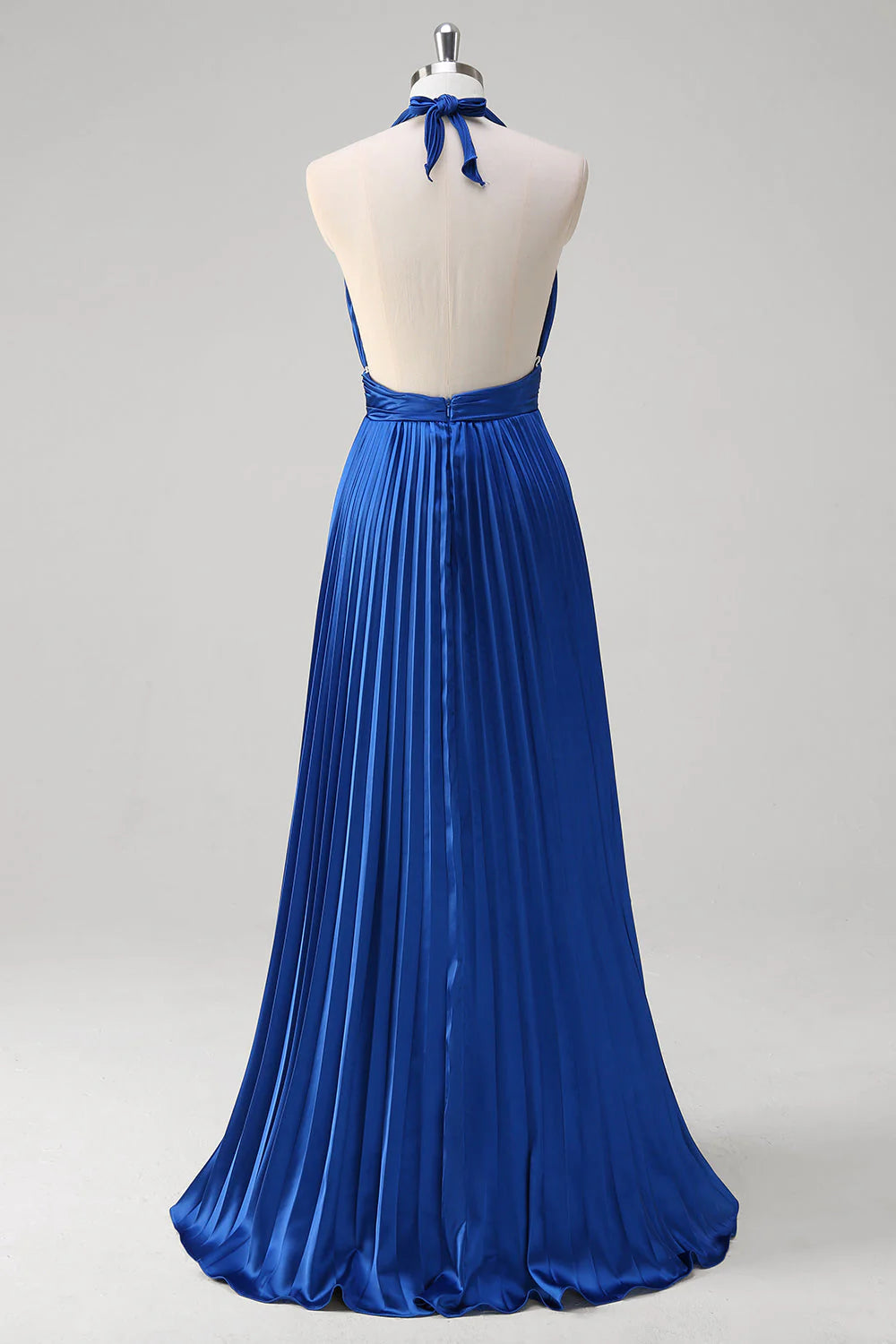 OKBBN satin A-line hanging neck pleated backless long evening gown