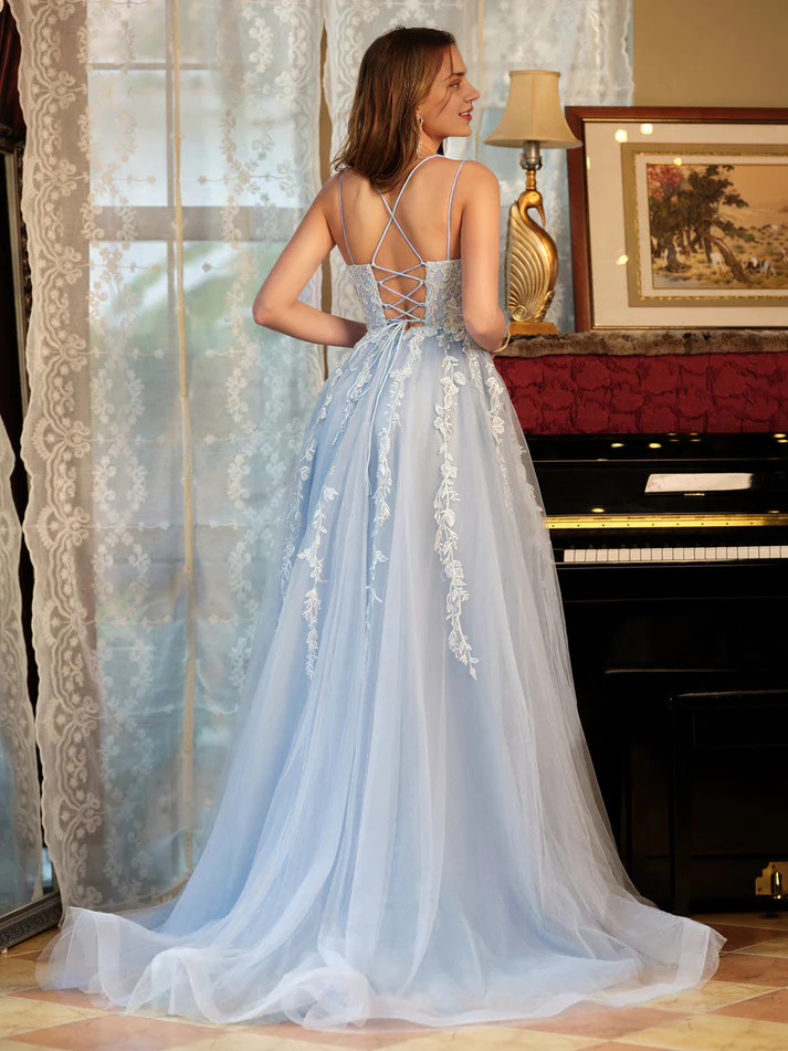 OKBBN A-line princess chiffon thin shoulder strap decal long evening gown
