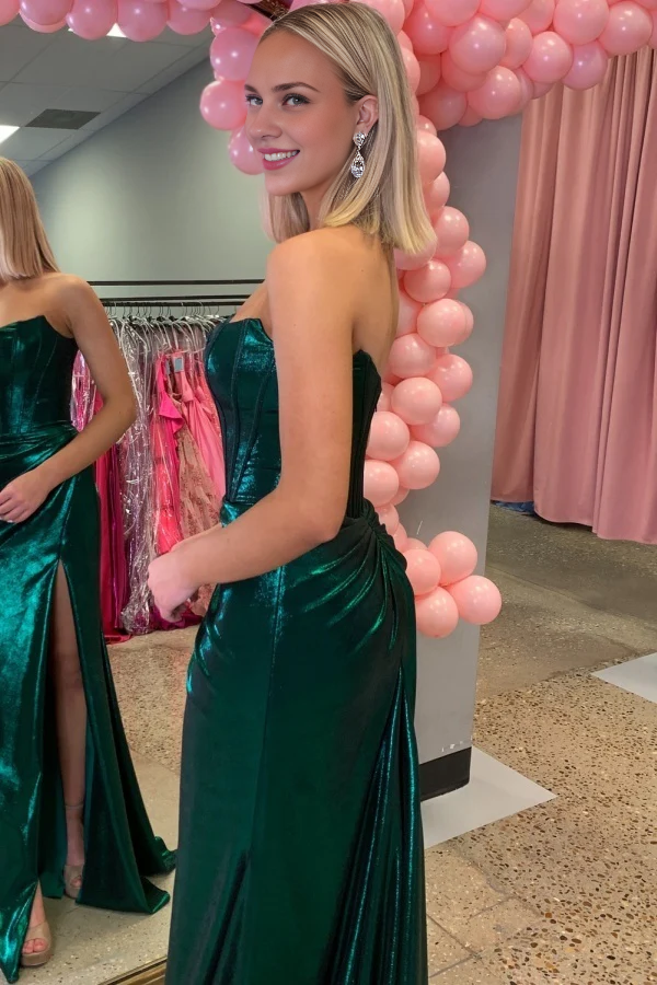 OKBBN unique tight fitting boat neck sleeveless pleated back zipper high side slit dance dress