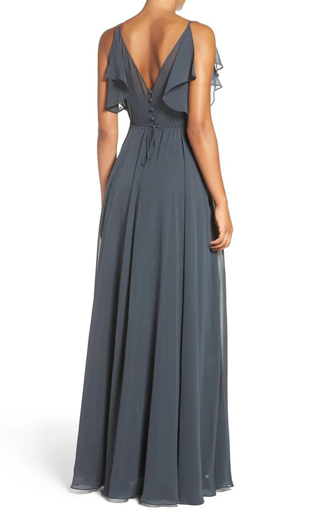 OKBBN V-neck Chiffon Long Ball Dress with Strap