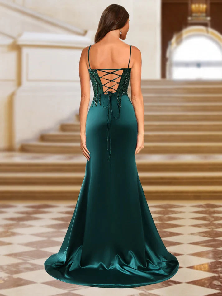 OKBBN shiny trumpet shaped mermaid slim shoulder strap long evening gown