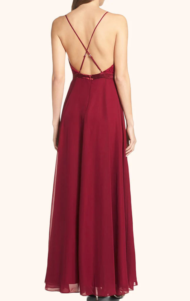 OKBBN Strap V-neck Lace Chiffon Long Ball Dress