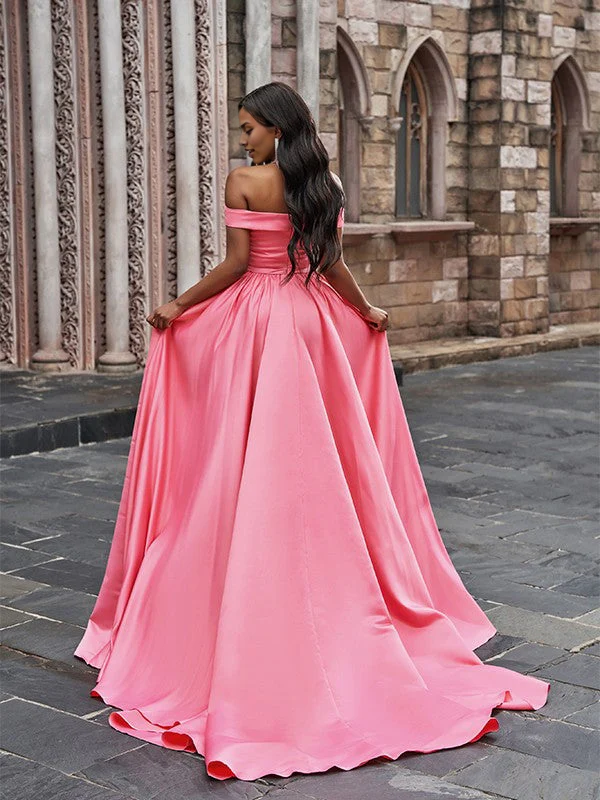 OKBBN A-line elegant satin sleeveless ruffled off shoulder trailing ball gown