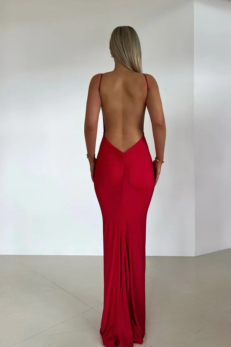 OKBBN Mermaid V-neck Elastic Satin Long Ball Dress