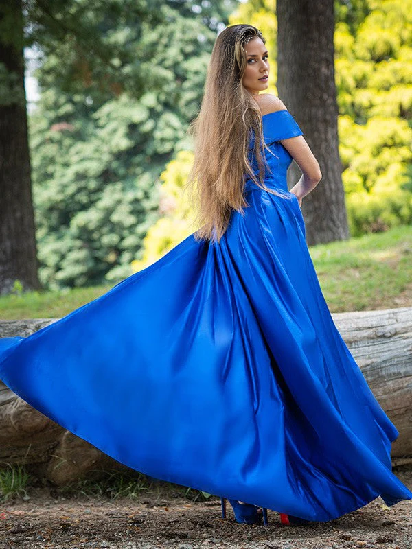 OKBBN A-line elegant ruffled satin off shoulder sleeveless and floor dance dress
