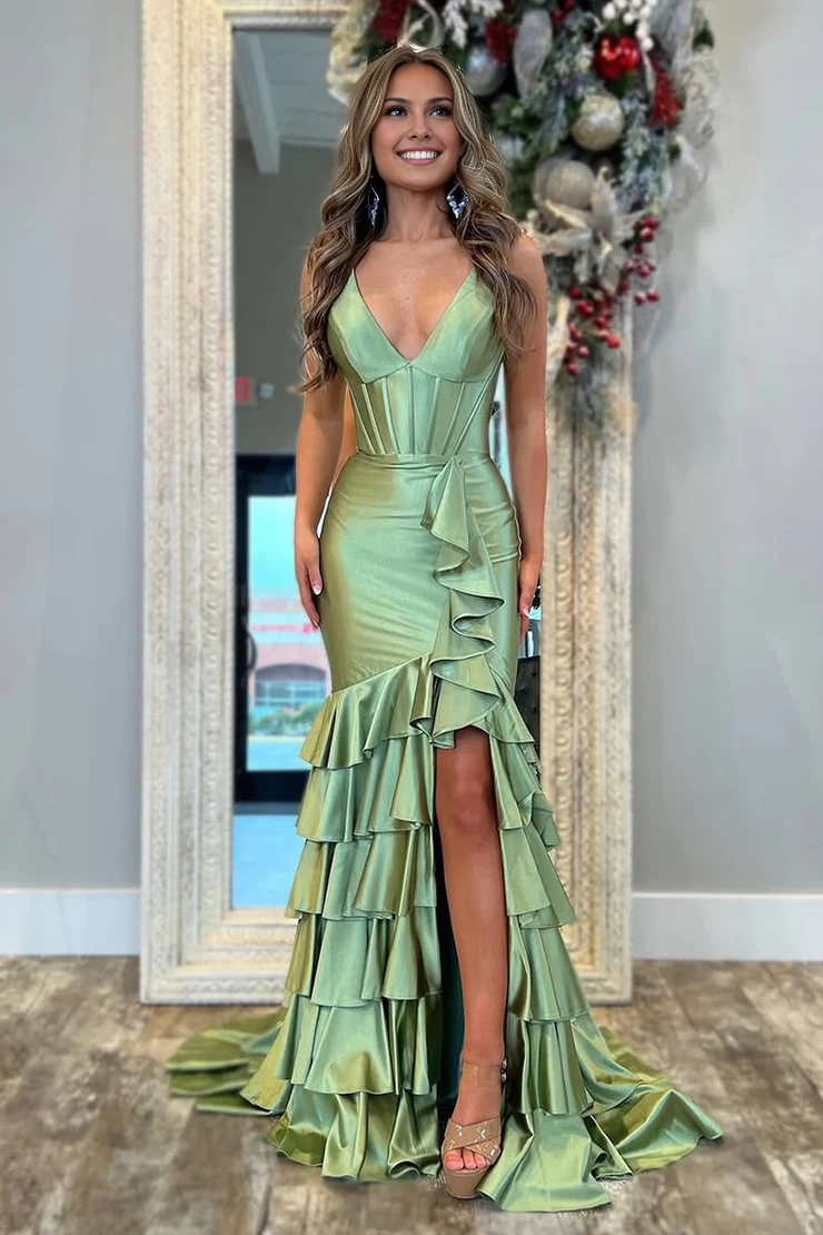 OKBBN Cute Mermaid V-neck Satin Long Split Ball Dress