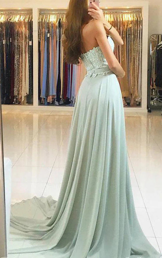OKBBN Strapless Lace Chiffon Long Formal Ball Dress