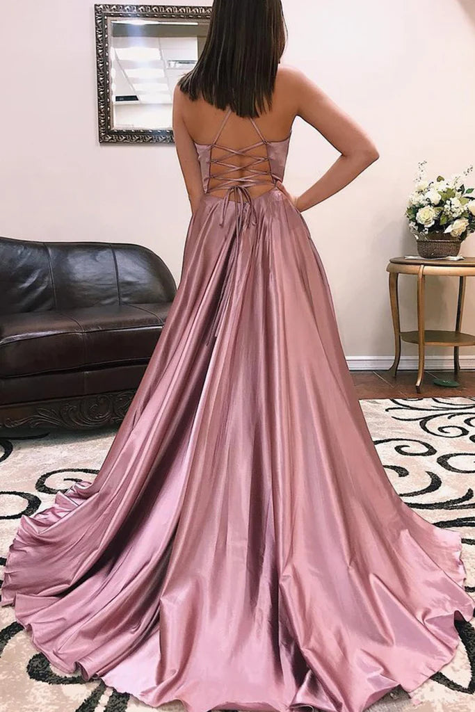 OKBBN Elegant Strap V-neck Long Satin Chiffon Formal Ball Dress