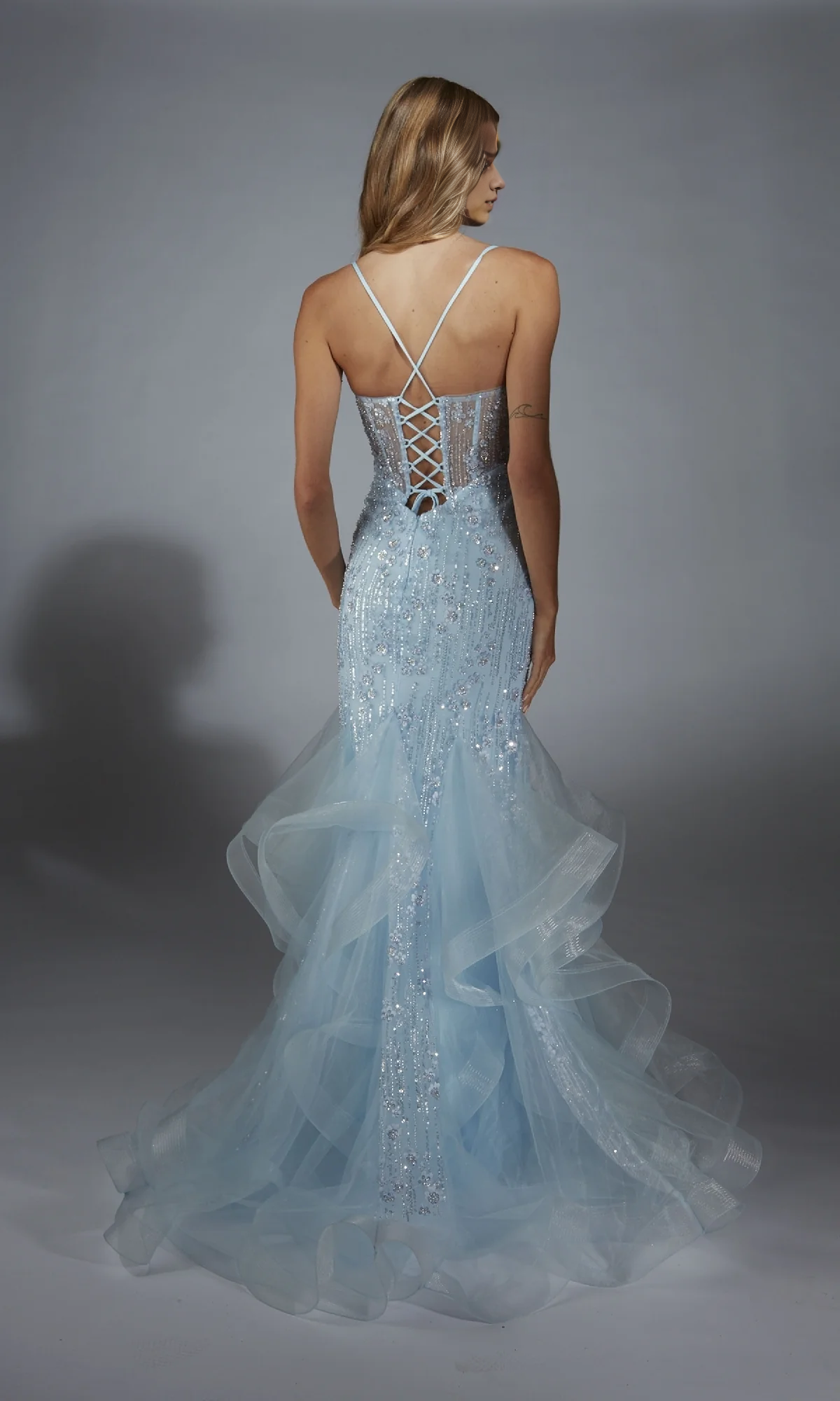OKBBN beaded chiffon mermaid transparent lace tight corset ball dress
