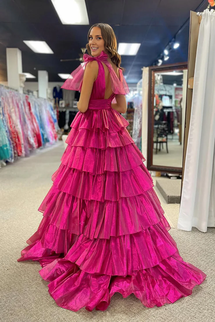 OKBBN Cute V-neck Organza Layered Split Ball Dress