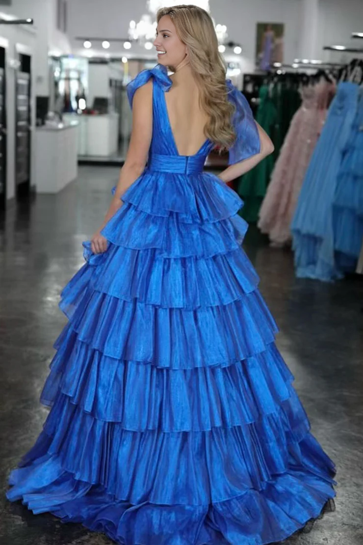 OKBBN A-line V-neck layered satin long ball gown