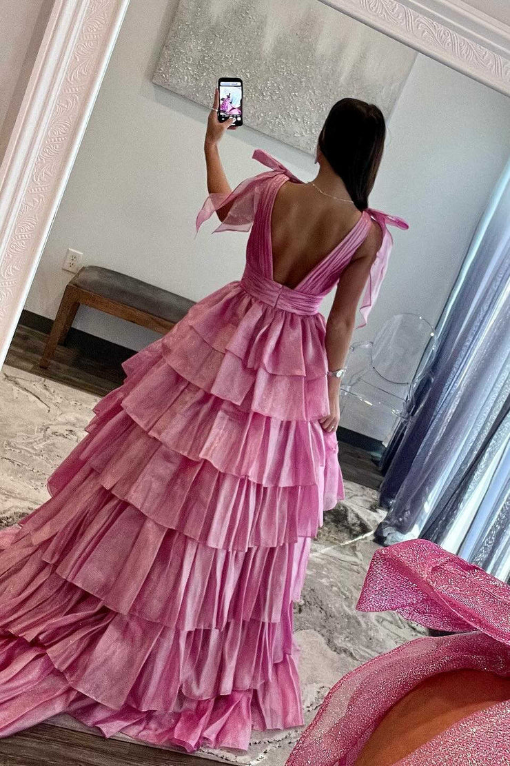OKBBN Cute Ball Dress V-neck Lace Layered Organza Long Ball Dress