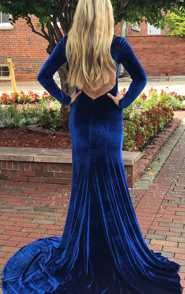 OKBBN Mermaid Long Sleeve Velvet V-neck Formal Ball Dress