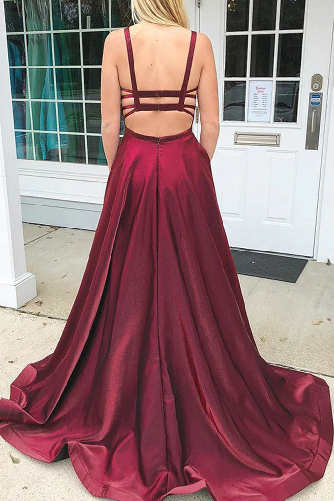 OKBBN Elegant Strap Round Neck Satin Long Formal Ball Dress
