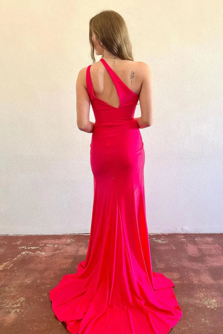 OKBBN Cute Mermaid One Shoulder Elastic Satin Long Split Ball Dress