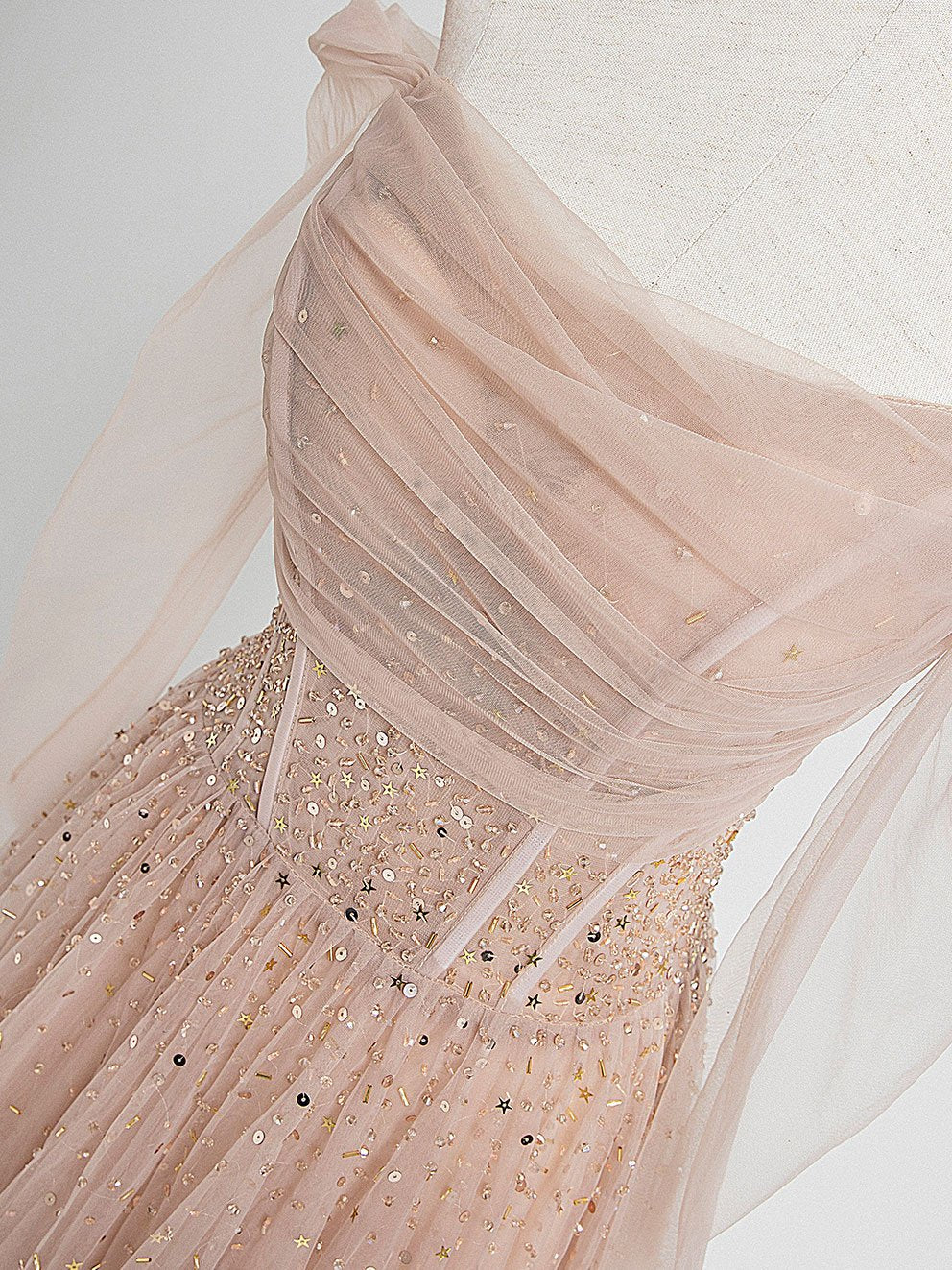 Champagne tulle sequin long prom dress champagne tulle formal prom dress