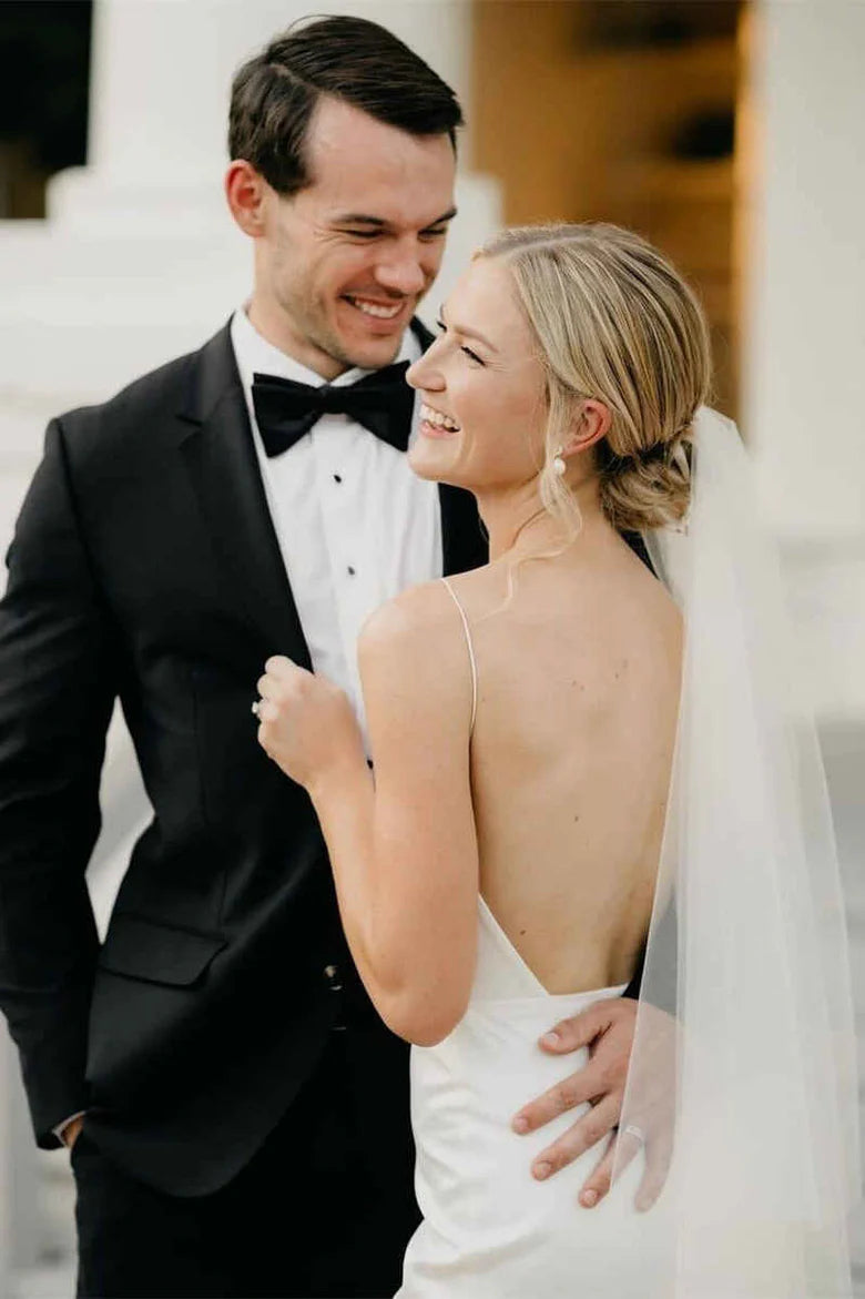 White Satin Plunge Neck Backless Sheath Wedding Dress
