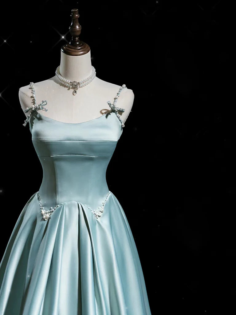 A-Line Blue Satin Long Evening Dress Blue Long Formal Dress