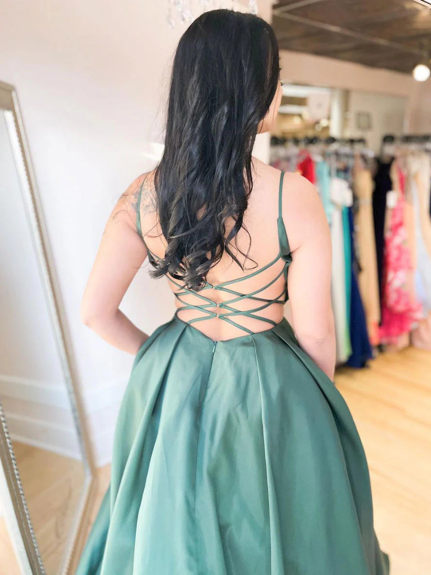 Simple V Neck Satin Green Long Prom Dress Green Long Evening Dress