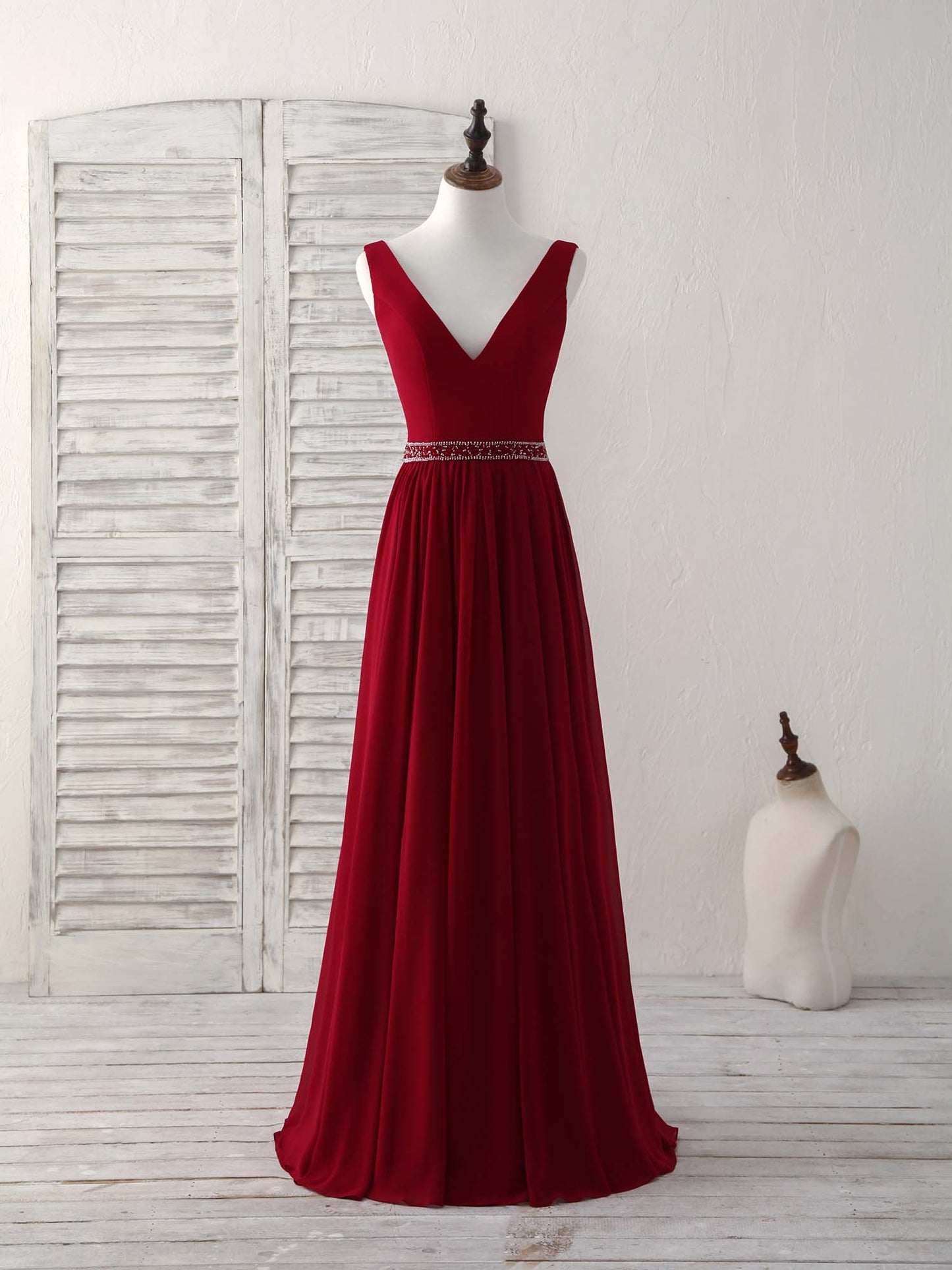 V Neck Beads Long Prom Dress Burgundy Evening Dress
