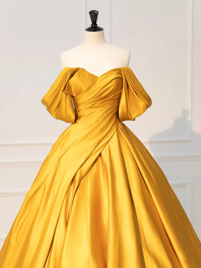 Yellow Off Shoulder Satin Long Evening Dress Yellow Long Evening Dress