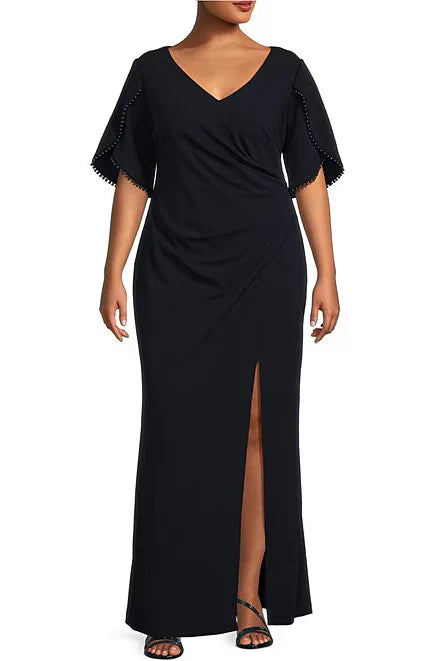 Adrianna Papell V-Neck Embellished Sleeve Slit Front Zipper Back Crepe Mother of the Bride Dresses