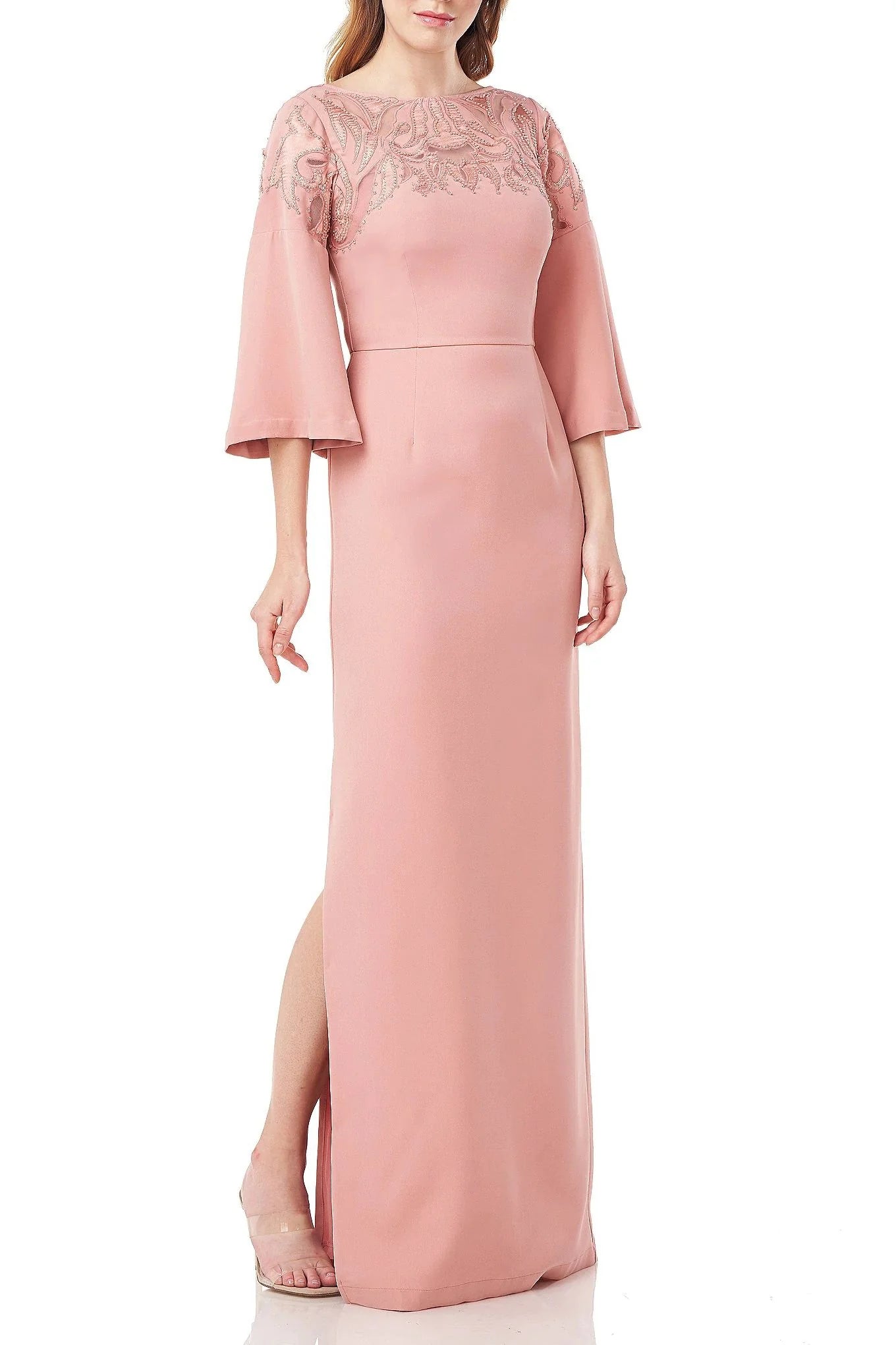 Embellished Boat Neck 3/4 Flare Sleeve Zipper Back Slit Side Solid Stretch Crepe Mother of the Bride Dresses