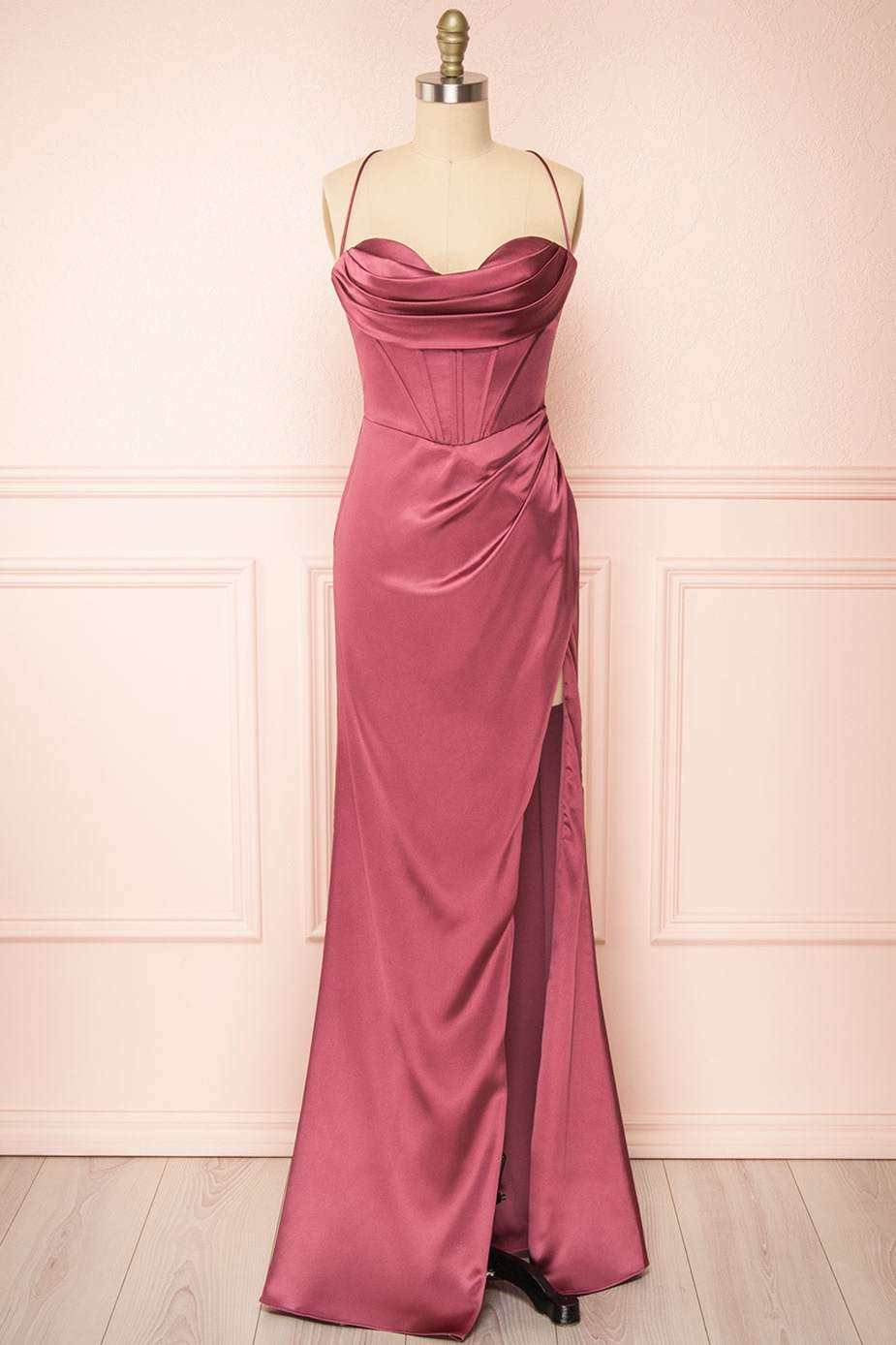 Yellow Cowl Neck Lace-Up Back Long Formal Prom Dress with Slit
