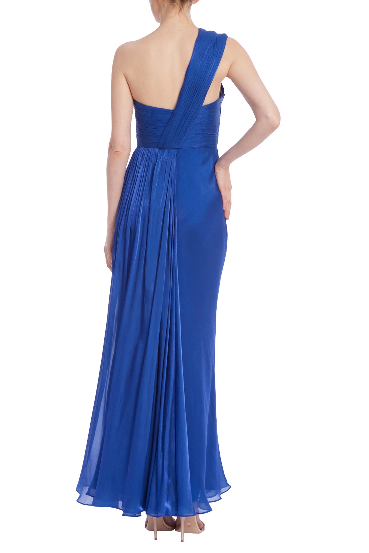 Badgley Mischka Draped One-Shoulder Pleated Chiffon Prom Gown