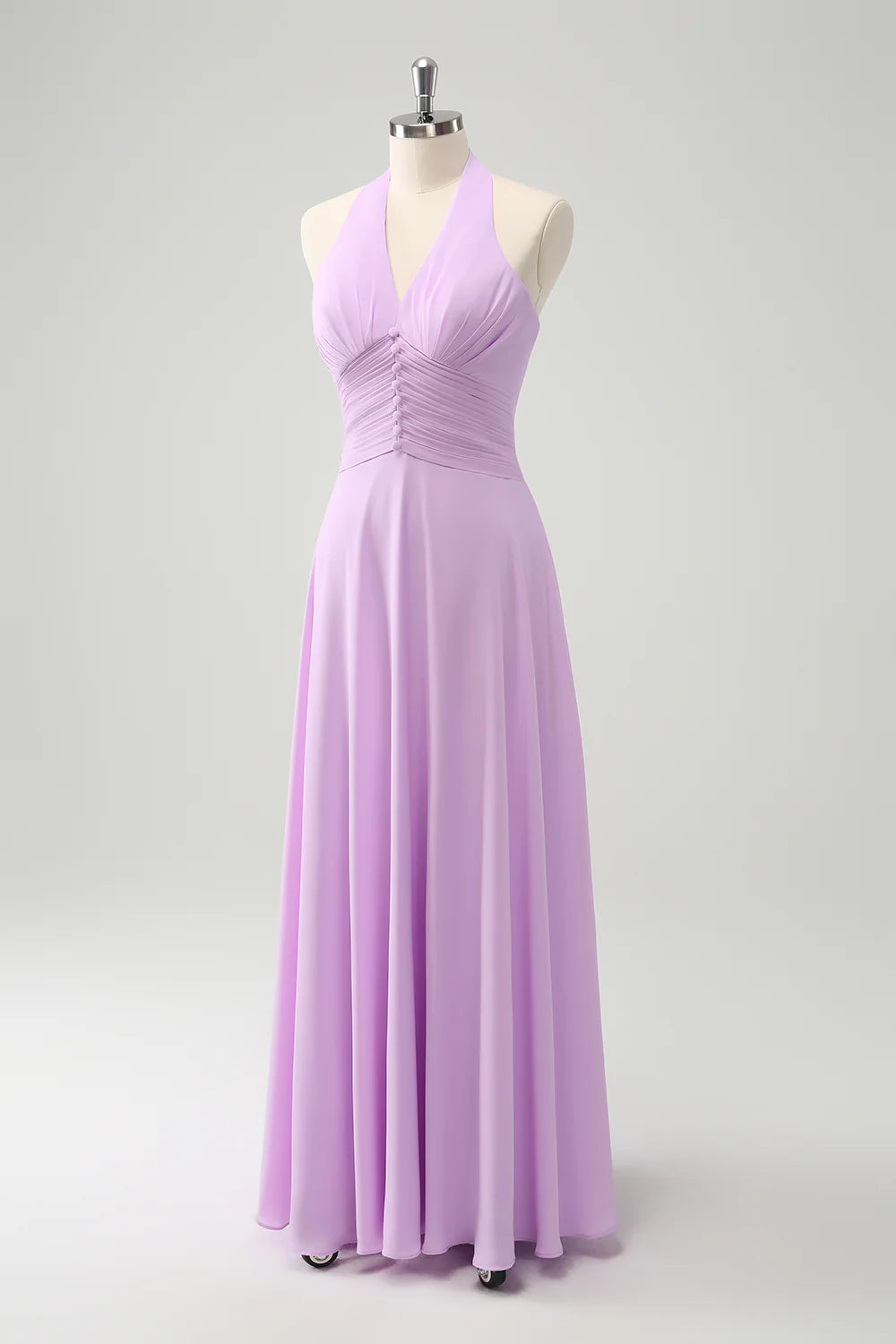 A Line Halter Backless Pleated Chiffon Long Bridesmaid Dress With Buckle