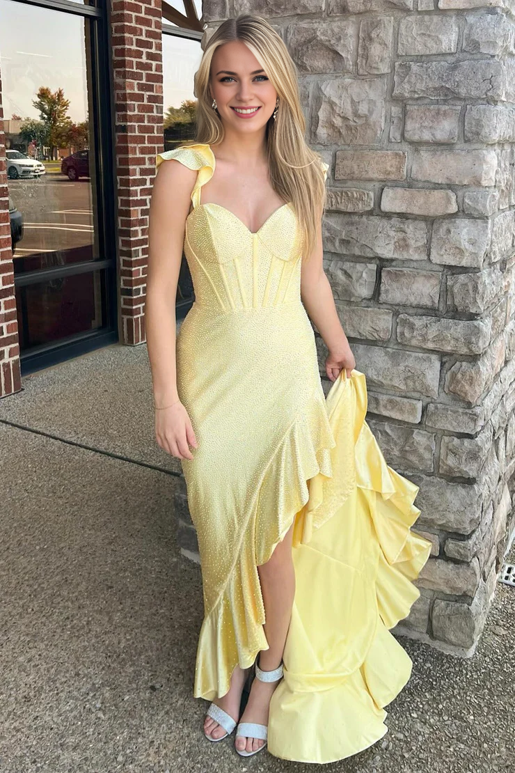 OKBBN Cute Tight V-neck Satin Beaded Mermaid Ball Dress