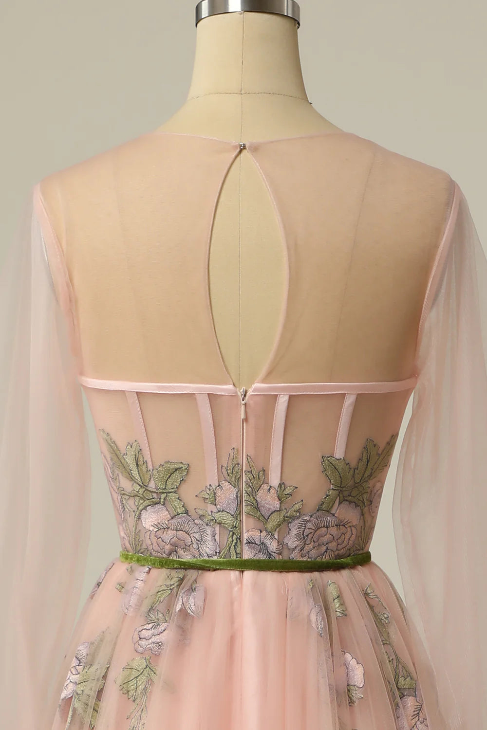 A jewelry light nude long ball dress with embroidered lines