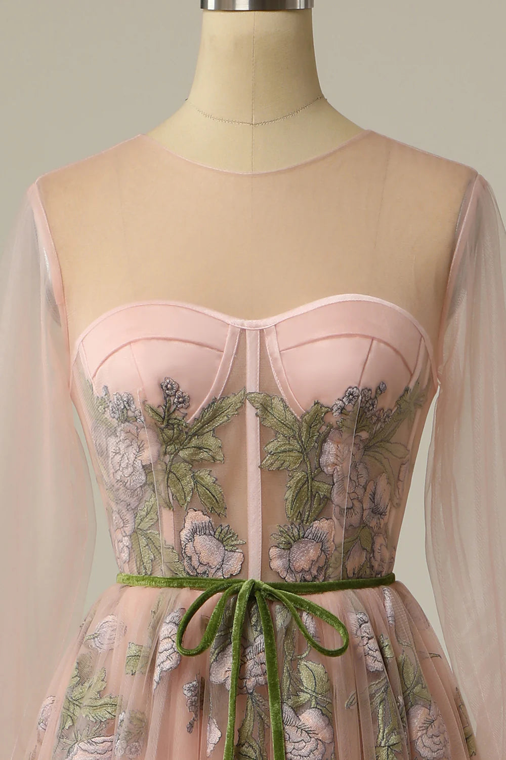 A jewelry light nude long ball dress with embroidered lines