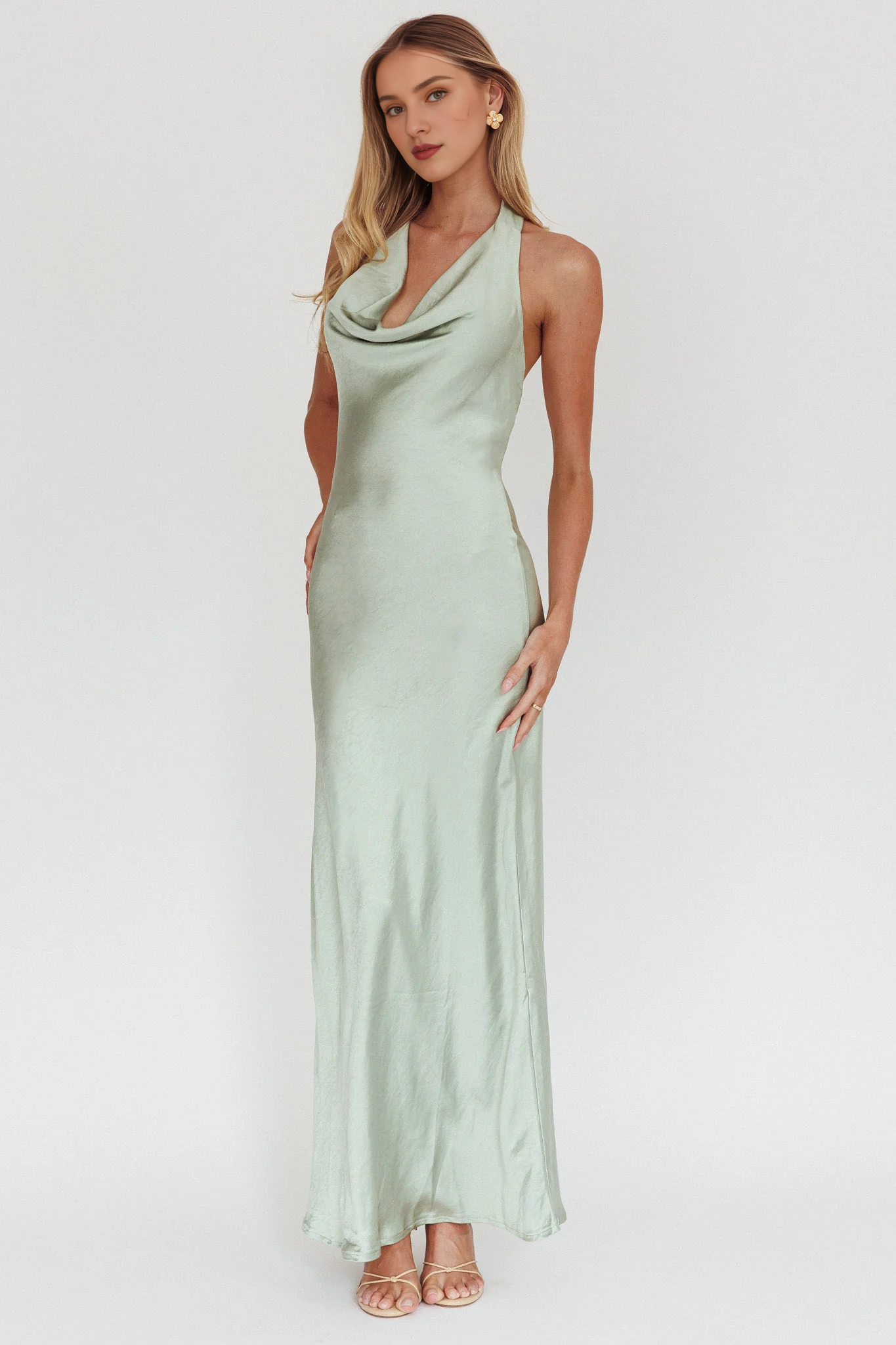 Gorgeous scarf style backless satin back zipper bridesmaid dress