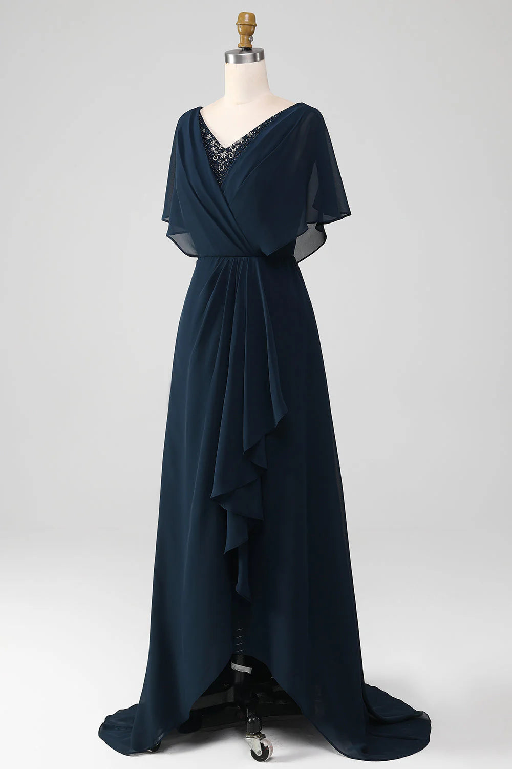 OKBBN A-line V-neck asymmetrical sequin bridal mother gown