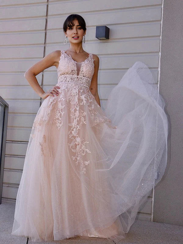 OKBBN A-line elegant chiffon applique round neck sleeveless ball gown